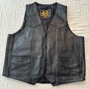Unik Heavy Leather Vest Mens Size 44 Black Biker Motorcycle, 2 Inner Pockets